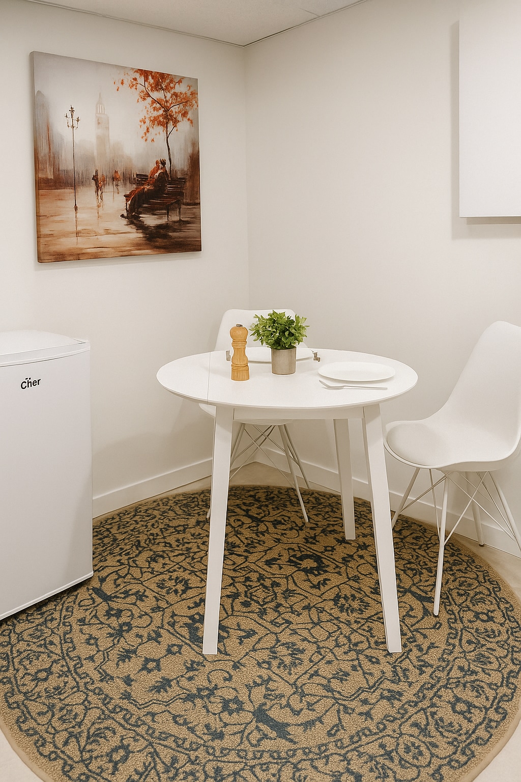 Round dining table for two beside the mini fridge