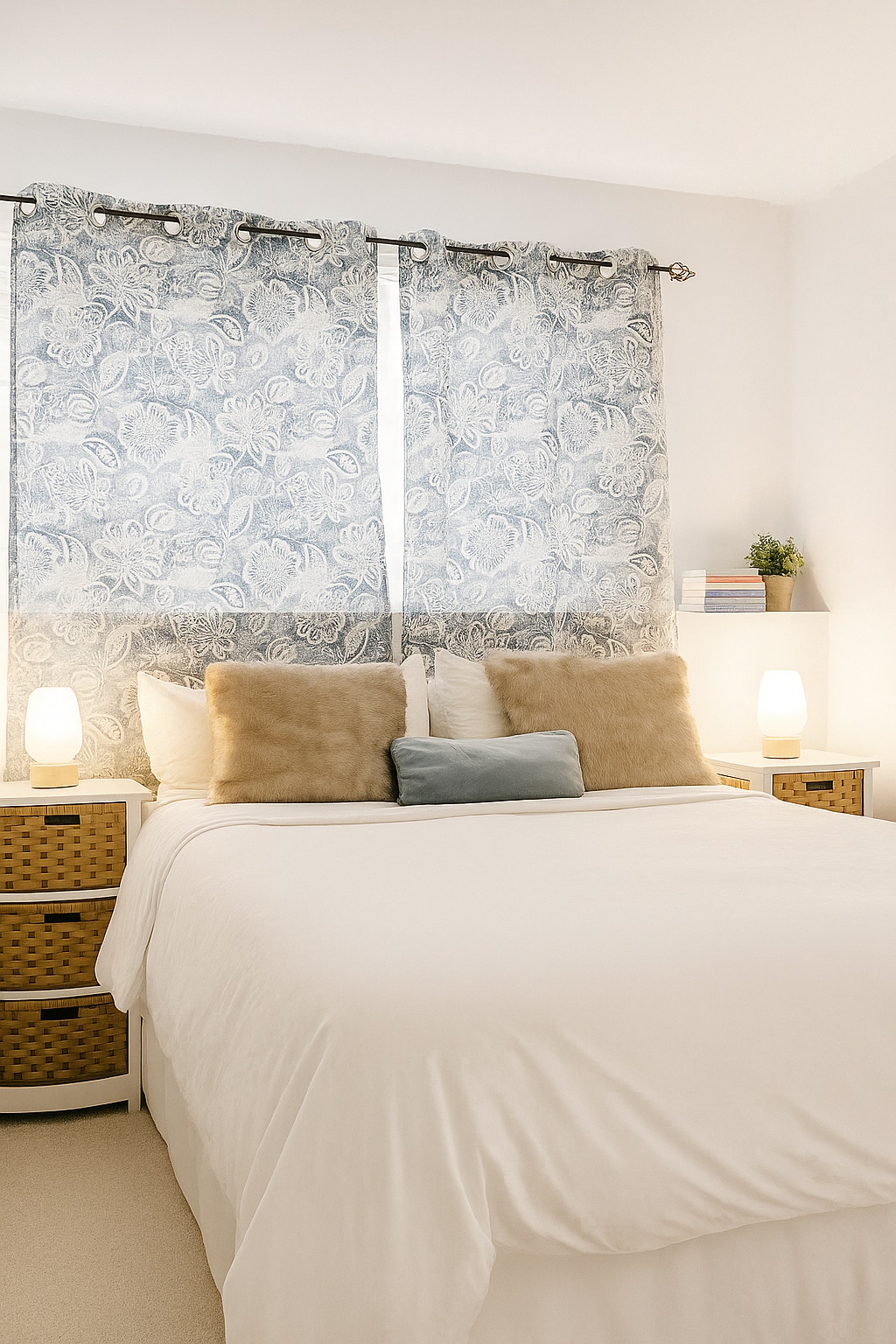 Queen bed with soft white linens, warm bedside lamps, and patterned blue curtains